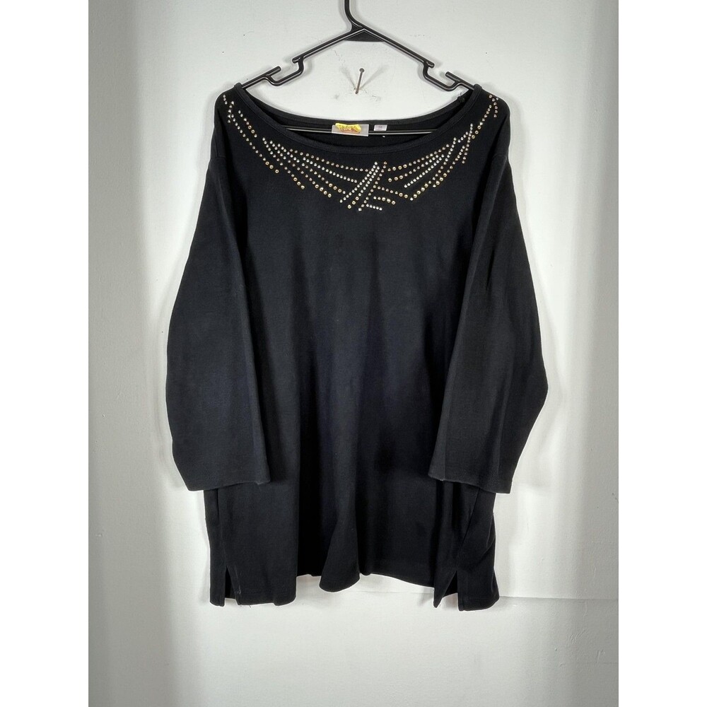 Quacker Factory Shirt Womens Plus 2X Black Rhinestone Boat Neck 3/4 Sleeve Tunic